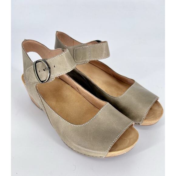 Dansko Burnished Khaki Green Calf Leather Sz 41 (US 9.5-10) Wedge Sandals Tiana - Picture 1 of 14